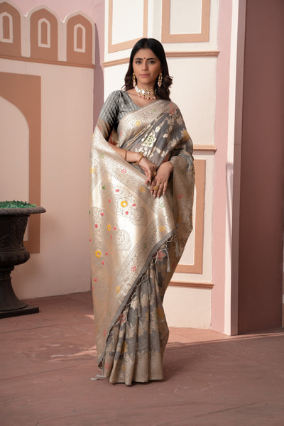 Indyancart GR Women's Riddhi Grey Cotton Silk Saree