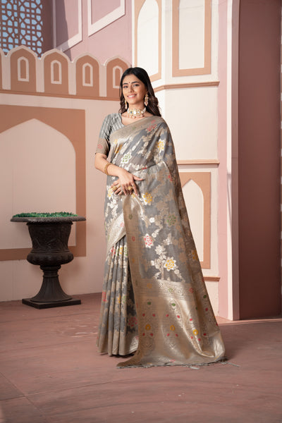 Indyancart GR Women's Riddhi Grey Cotton Silk Saree