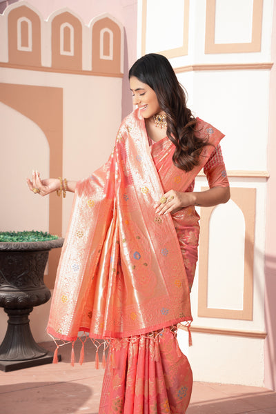 Indyancart GR Women's Riddhi Peach Cotton Silk Saree
