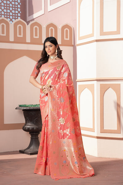 Indyancart GR Women's Riddhi Peach Cotton Silk Saree