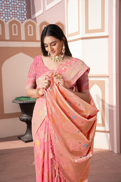 Indyancart GR Women's Riddhi Pink Cotton Silk Saree