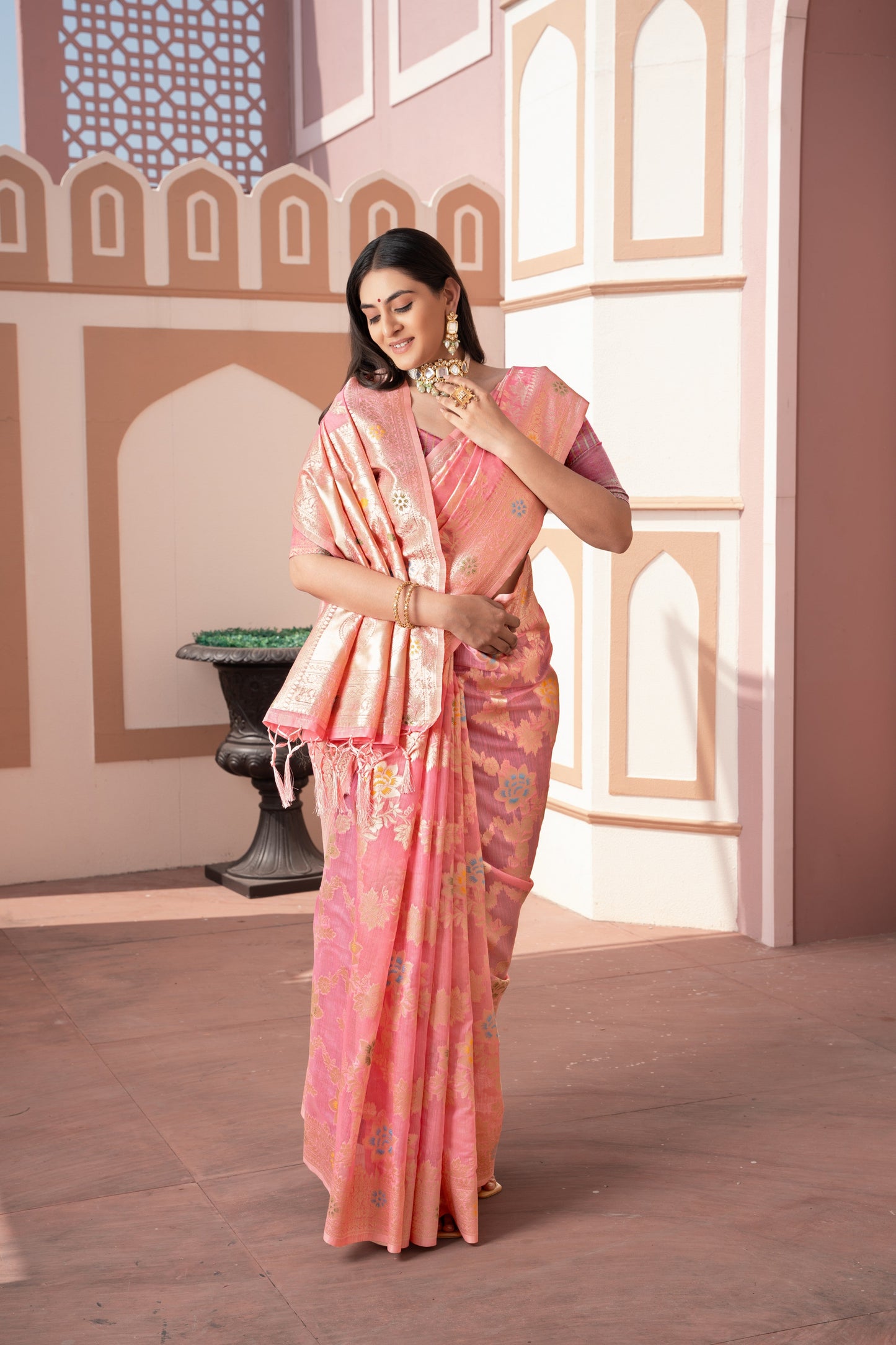 Dhiyona GR Women's Riddhi Pink Cotton Silk Saree