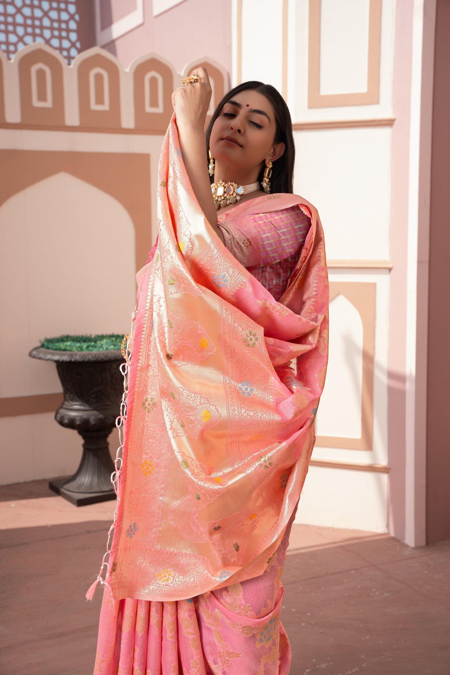 Dhiyona GR Women's Riddhi Pink Cotton Silk Saree