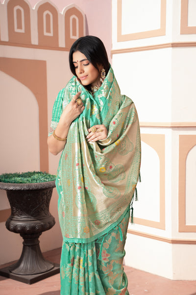 Indyancart GR Women's Riddhi Sea Green Cotton Silk Saree