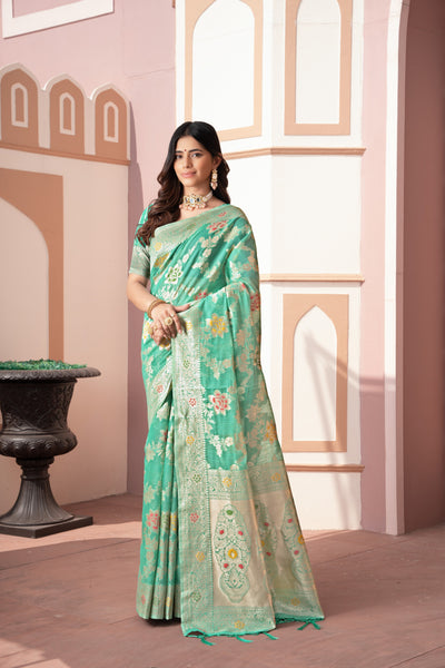 Indyancart GR Women's Riddhi Sea Green Cotton Silk Saree