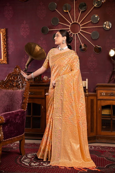 Indyancart GR Women's Riona Orange Organza Silk Woven Saree