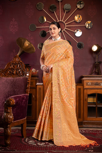 Indyancart GR Women's Riona Orange Organza Silk Woven Saree