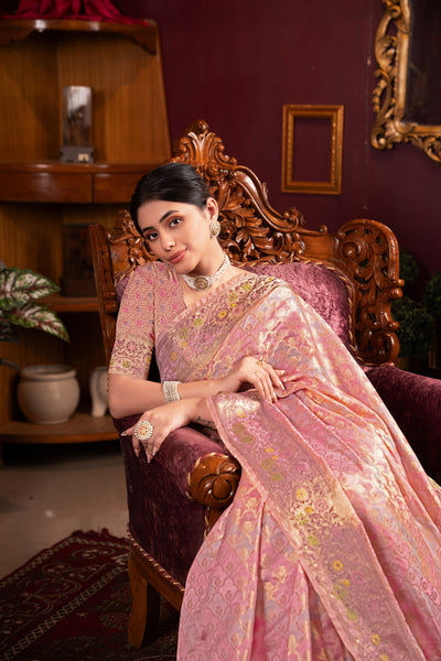 Indyancart GR Women's Riona Pink Organza Silk Woven Saree