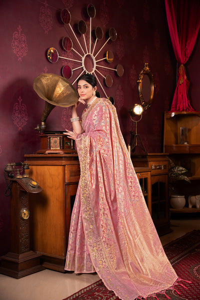 Indyancart GR Women's Riona Pink Organza Silk Woven Saree