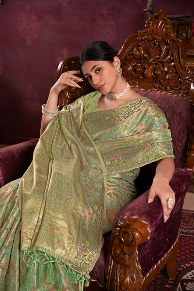 Indyancart GR Women's Riona Pista Organza Silk Woven Saree