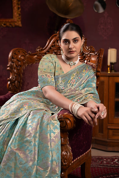 Indyancart GR Women's Riona Sky Organza Silk Woven Saree