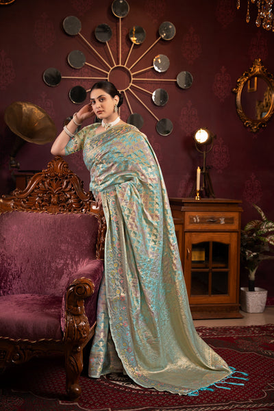 Indyancart GR Women's Riona Sky Organza Silk Woven Saree