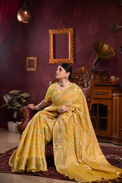 Indyancart GR Women's Riona Yellow Organza Silk Woven Saree