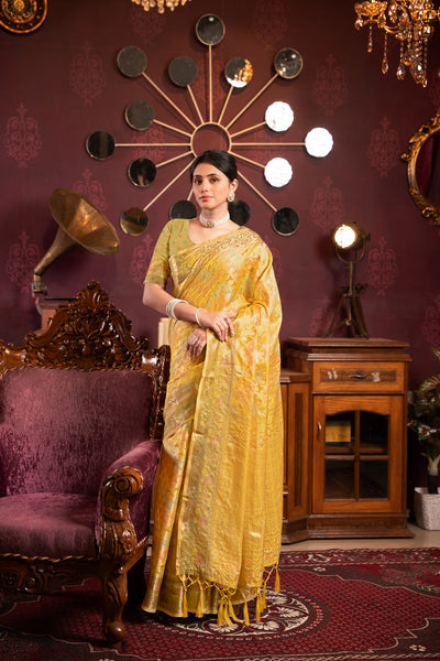 Indyancart GR Women's Riona Yellow Organza Silk Woven Saree