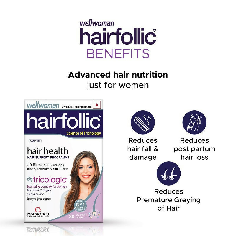 Wellwoman Hairfollic skin supplement tablets in a bottle, showing the product packaging with tablets inside.