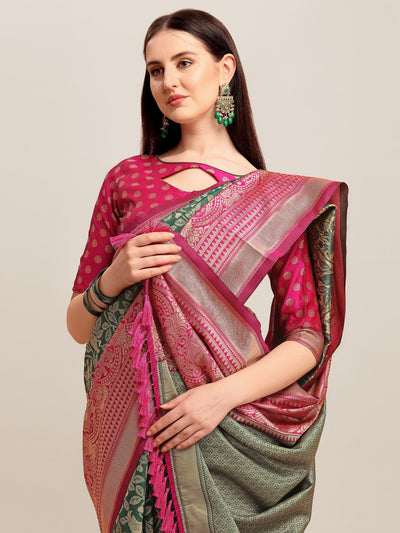 Indyancart RV Women's Banarasi Silk With silver Zari weaving Saree  ( KVD1183 )