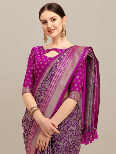 Indyancart RV Women's Banarasi Silk With silver Zari weaving Saree  ( KVD1185 )