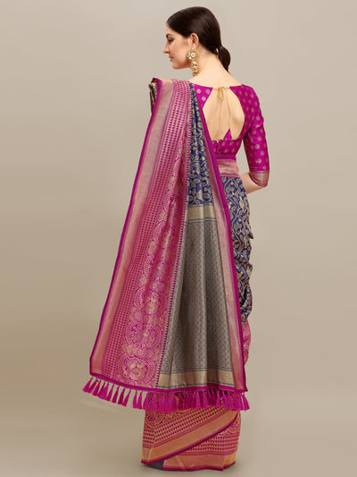 Indyancart RV Women's Banarasi Silk With silver Zari weaving Saree  ( KVD1187 )