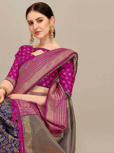 Indyancart RV Women's Banarasi Silk With silver Zari weaving Saree  ( KVD1187 )