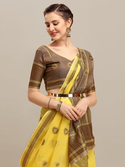 Indyancart RV Women's Linen Cotton Silk Floral Zari Printed Work  Exclusive Saree ( KVD1211 )