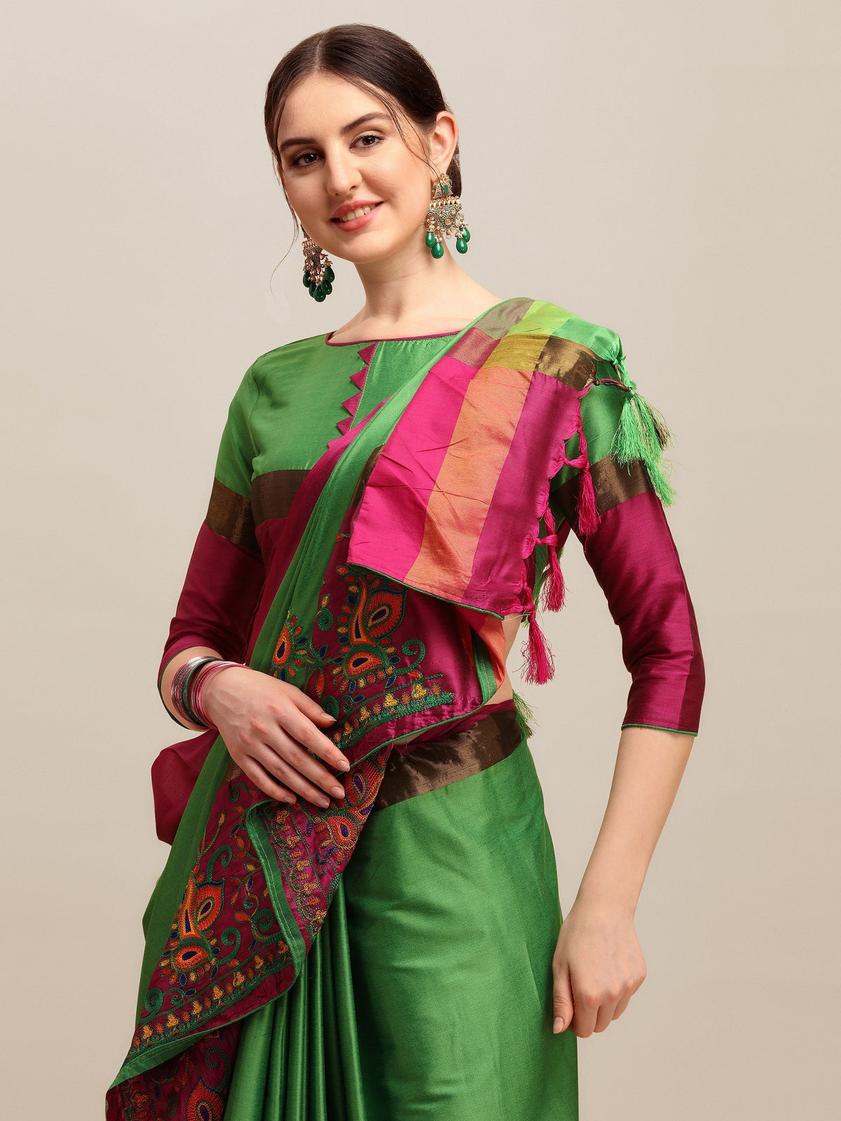 Indyancart RV Women's Designer Traditional Embroidered Cotton Silk Saree With Blouse ( KVD1232 )