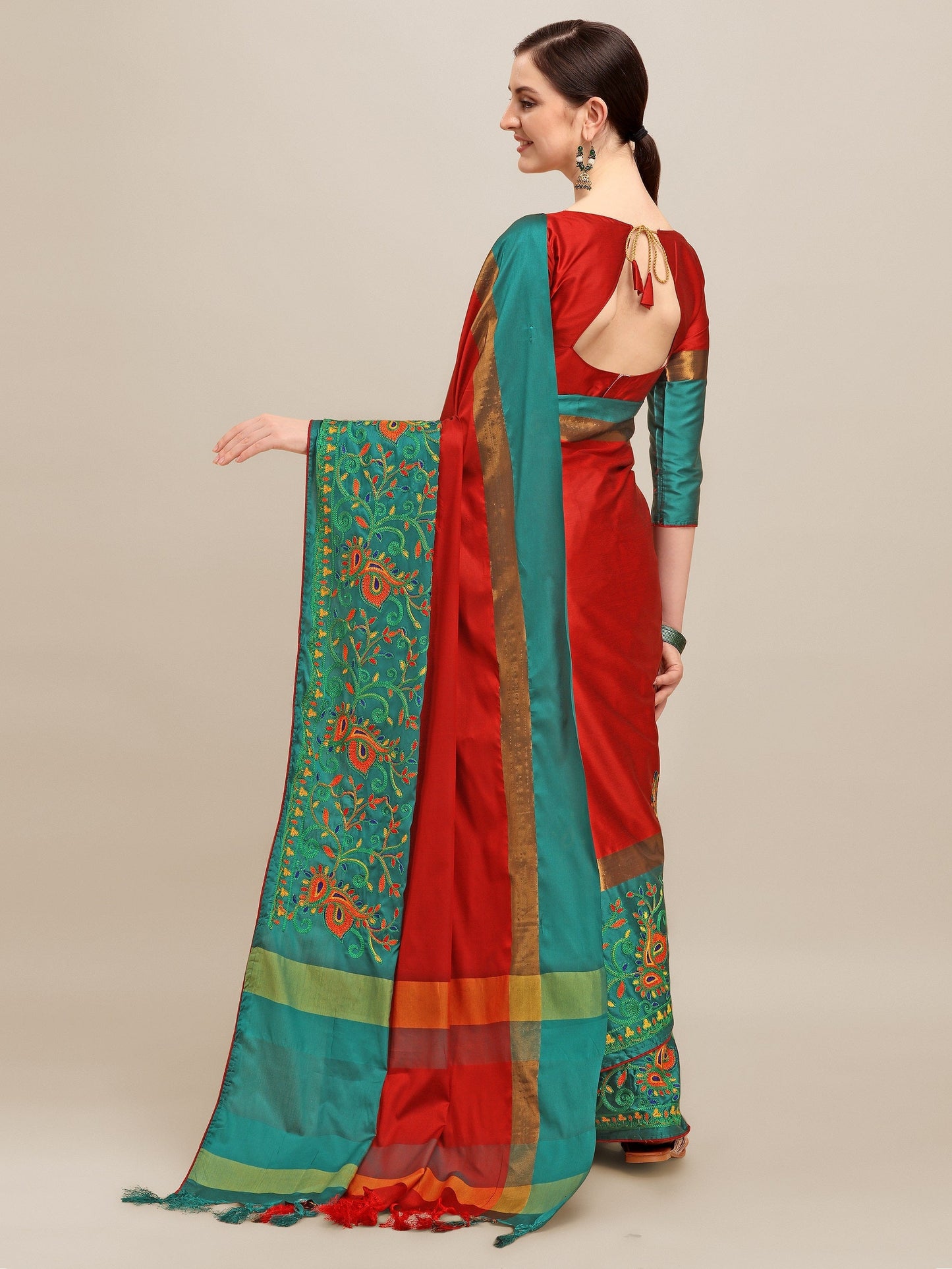 Indyancart RV Women's Designer Traditional Embroidered Cotton Silk Saree With Blouse ( KVD1234 )