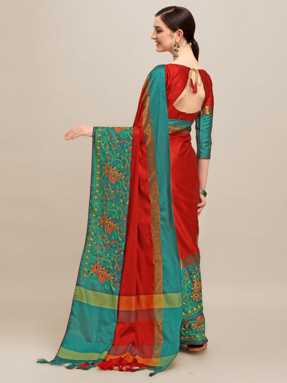 Indyancart RV Women's Designer Traditional Embroidered Cotton Silk Saree With Blouse ( KVD1234 )