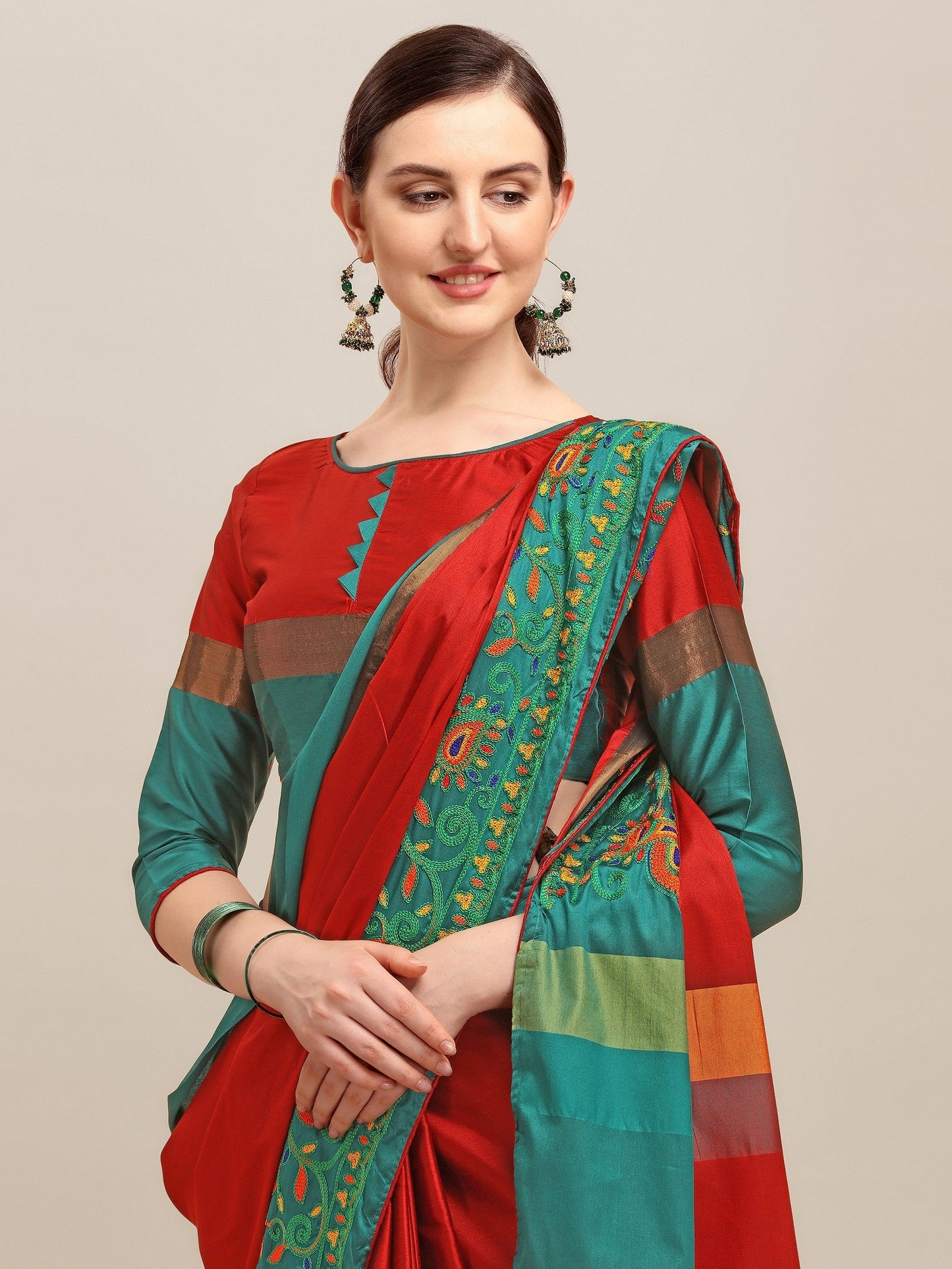 Indyancart RV Women's Designer Traditional Embroidered Cotton Silk Saree With Blouse ( KVD1234 )