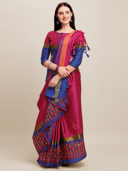 Indyancart RV Women's Designer Traditional Embroidered Cotton Silk Saree With Blouse ( KVD1244 )