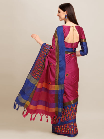 Indyancart RV Women's Designer Traditional Embroidered Cotton Silk Saree With Blouse ( KVD1244 )