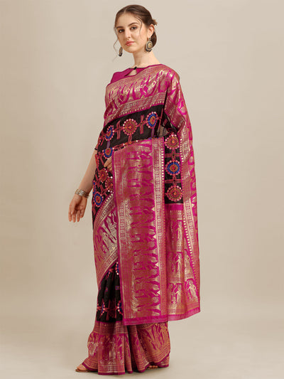 Indyancart RV Women's Banarasi Jacquard With Zari Weaving And Kutchi Embroidered Saree  ( KVD1264 )