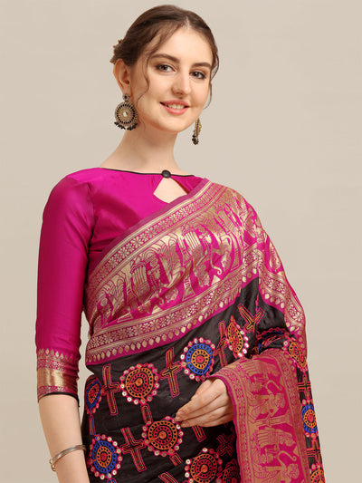 Indyancart RV Women's Banarasi Jacquard With Zari Weaving And Kutchi Embroidered Saree  ( KVD1264 )