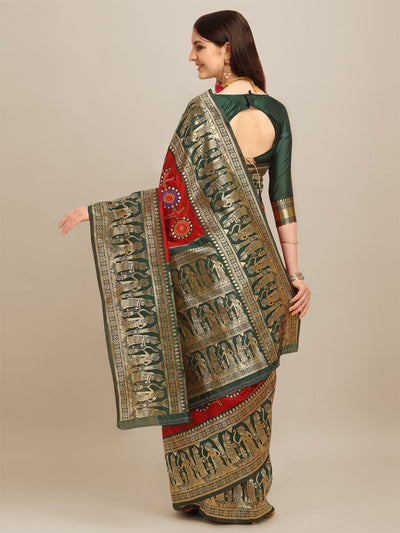 Indyancart RV Women's Banarasi Jacquard With Zari Weaving And Kutchi Embroidered Saree  ( KVD1266 )