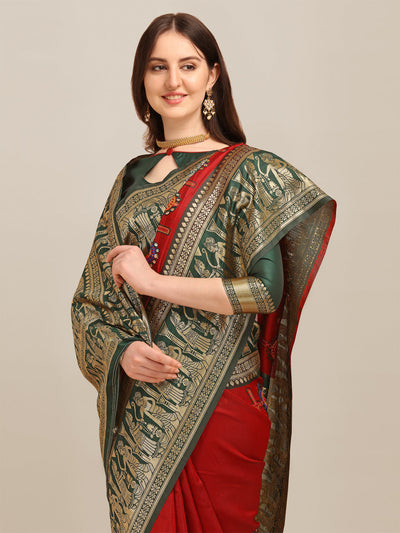 Indyancart RV Women's Banarasi Jacquard With Zari Weaving And Kutchi Embroidered Saree  ( KVD1266 )