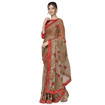 Indyancart RV Women's Chiffon Saree With Sequine Embroidered Work And Bandhani Flowers. ( KVD1312 )