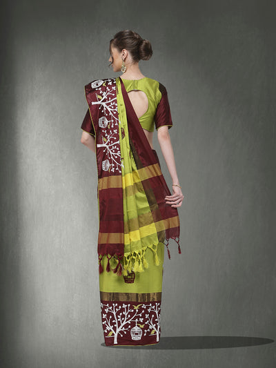 Indyancart RV Women's Designer Traditional Embroidered Cotton Silk Saree With Blouse ( KVD1318 )