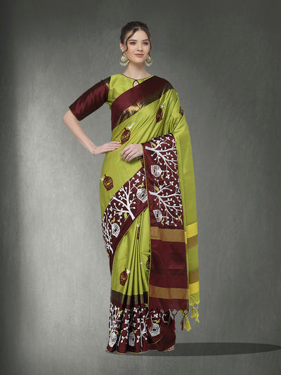 Indyancart RV Women's Designer Traditional Embroidered Cotton Silk Saree With Blouse ( KVD1318 )