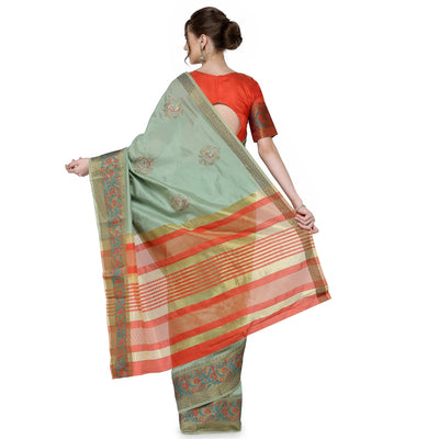 Indyancart RV Women's Assam Cotton Silk With Embroidered And Zari Broad Border Saree  ( KVD1321 )