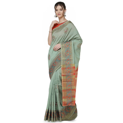 Indyancart RV Women's Assam Cotton Silk With Embroidered And Zari Broad Border Saree  ( KVD1321 )