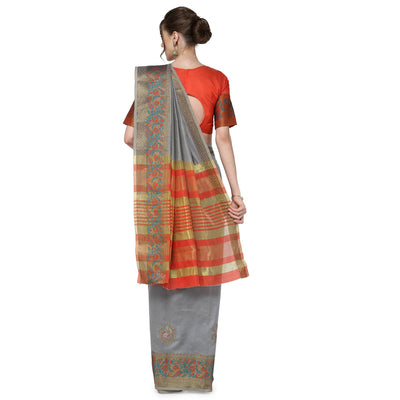 Indyancart RV Women's Assam Cotton Silk With Embroidered And Zari Broad Border Saree  ( KVD1322 )