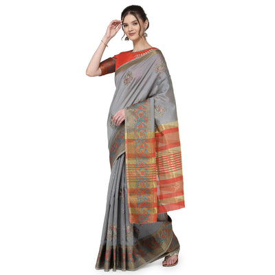 Indyancart RV Women's Assam Cotton Silk With Embroidered And Zari Broad Border Saree  ( KVD1322 )