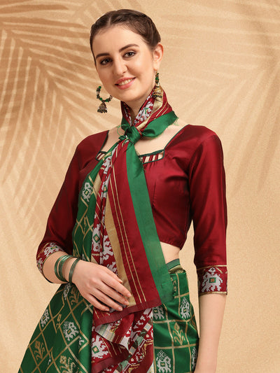 Indyancart RV Women's Banarasi Cotton Silk With Patola Weaving Pattern Saree With Blouse ( KVD1334 )