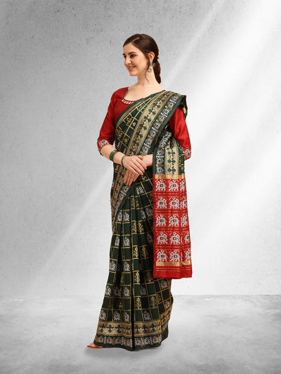 Indyancart RV Women's Banarasi Cotton Silk With Patola Weaving Pattern Saree With Blouse ( KVD1337 )