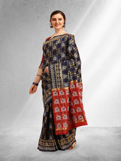 Indyancart RV Women's Banarasi Cotton Silk With Patola Weaving Pattern Saree With Blouse ( KVD1339 )