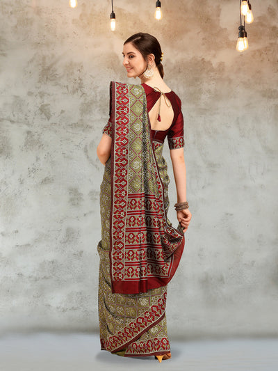 Indyancart RV Women's Banarasi Cotton Silk With Patola Weaving Pattern Saree With Blouse ( KVD1341 )