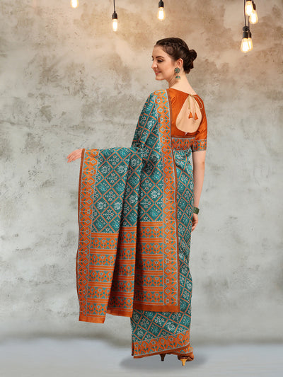 Indyancart RV Women's Banarasi Cotton Silk With Patola Weaving Pattern Saree With Blouse ( KVD1344 )