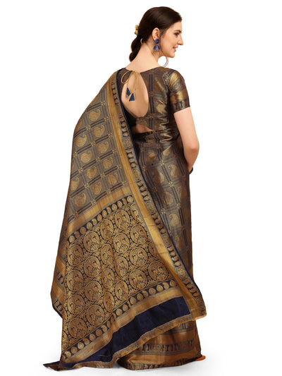 Indyancart RV Women's Banarasi Cotton Silk With Golden Zari Weaving Pattern Saree With Blouse ( KVD1351 )