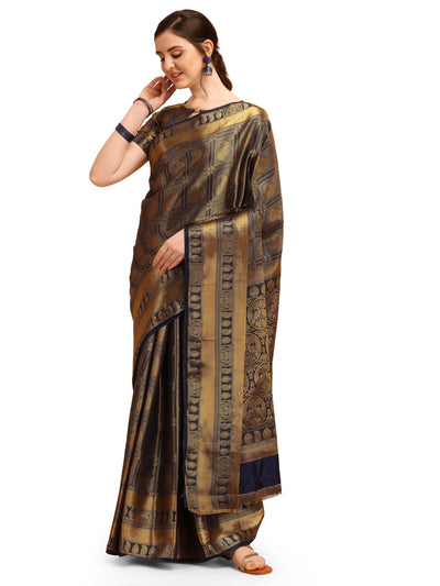 Indyancart RV Women's Banarasi Cotton Silk With Golden Zari Weaving Pattern Saree With Blouse ( KVD1351 )