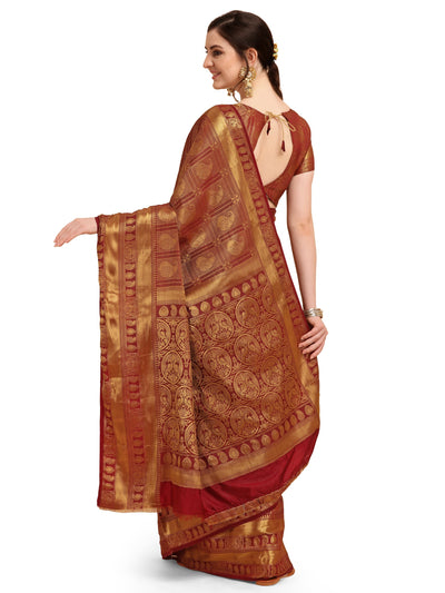 Indyancart RV Women's Banarasi Cotton Silk With Golden Zari Weaving Pattern Saree With Blouse ( KVD1353 )