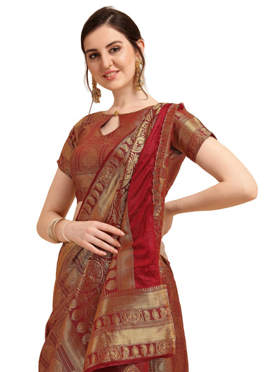 Indyancart RV Women's Banarasi Cotton Silk With Golden Zari Weaving Pattern Saree With Blouse ( KVD1353 )